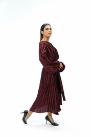 Pleated Puff Sleeve Dress - Maroon (pleated fabric)