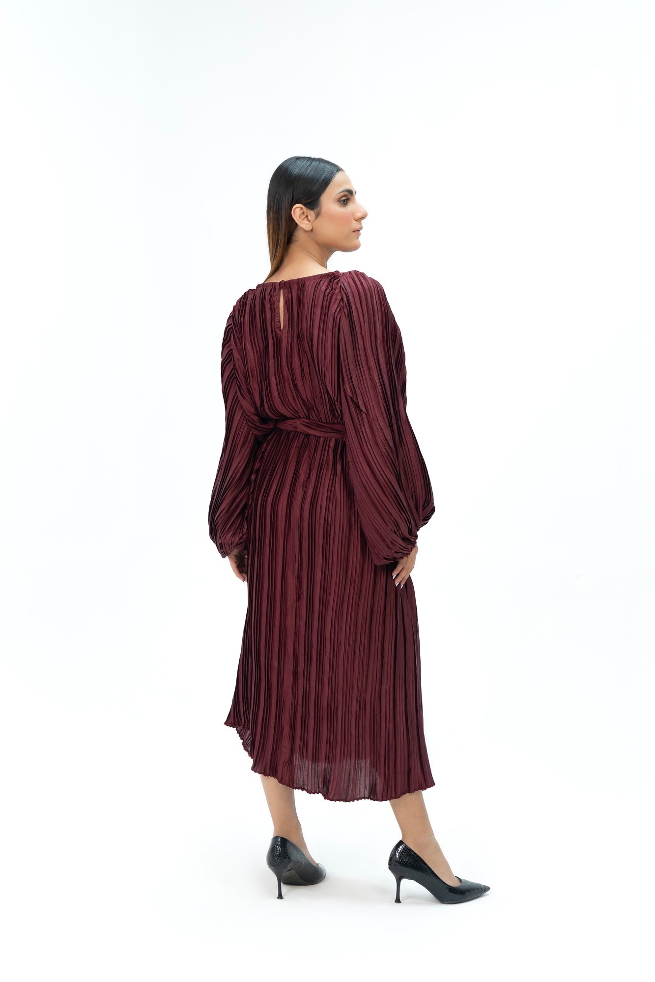 Pleated Puff Sleeve Dress - Maroon (pleated fabric)