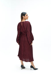 Pleated Puff Sleeve Dress - Maroon (pleated fabric)