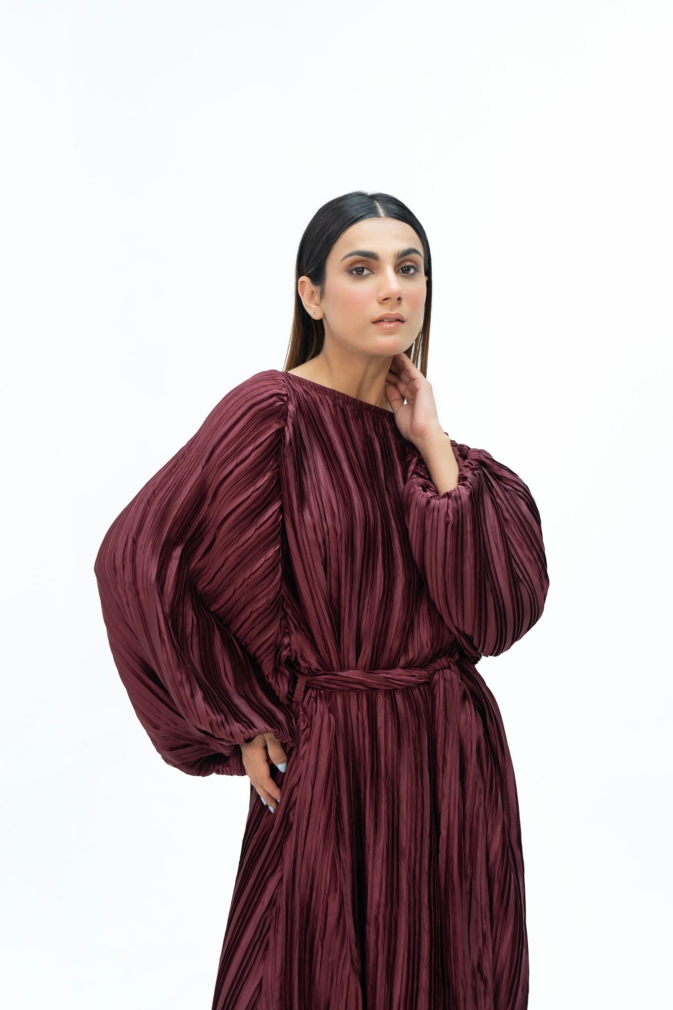 Pleated Puff Sleeve Dress - Maroon (pleated fabric)