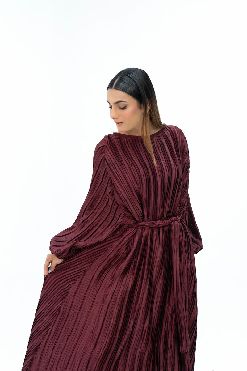 Pleated Puff Sleeve Dress - Maroon (pleated fabric)