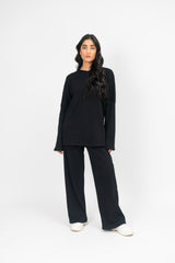 Rib Knit Wide Leg Pant with Pocket - Black