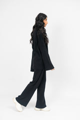 Rib Knit Wide Leg Pant with Pocket - Black