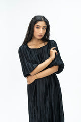 Pleated Short Sleeve Dress - Black