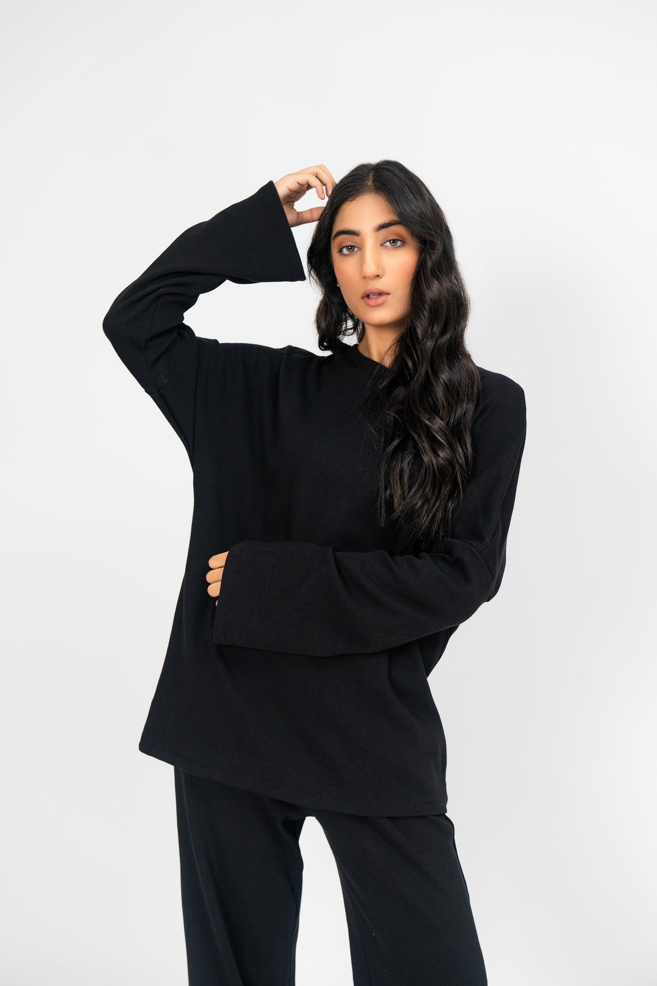 V Neck Oversized Knit Top - Black