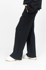 Rib Knit Wide Leg Pant with Pocket - Black