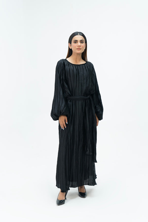Pleated Puff Sleeve Dress - Black (pleated fabric)