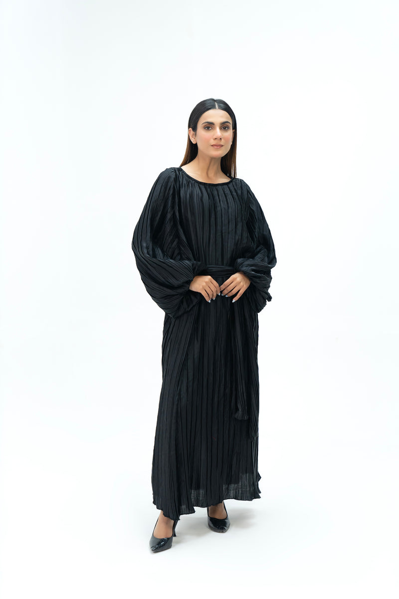 Pleated Puff Sleeve Dress - Black (pleated fabric)
