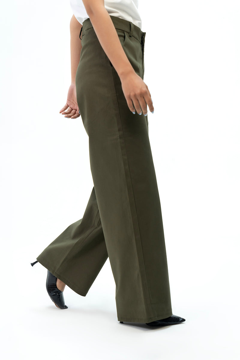 High Rise Wide Leg Pant with Pocket - Green