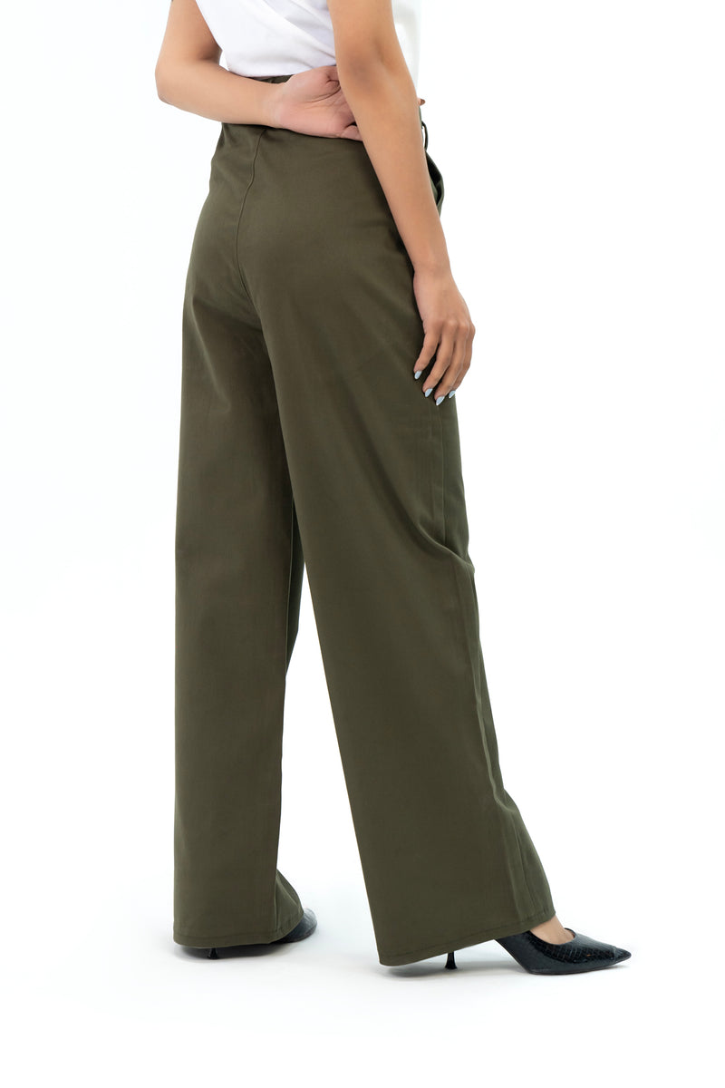 High Rise Wide Leg Pant with Pocket - Green