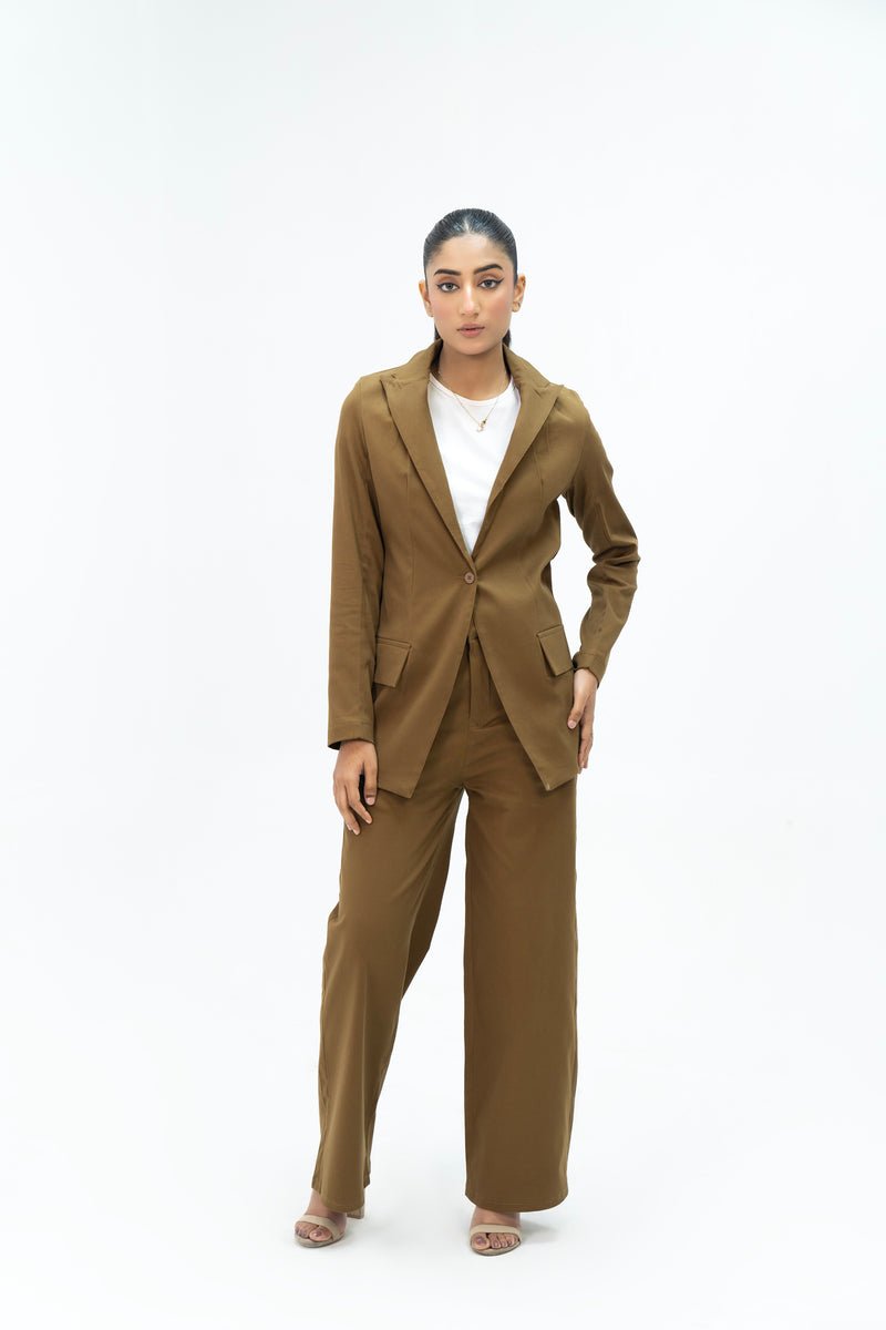 High Rise Wide Leg Pant with Pocket - Mustard Brown