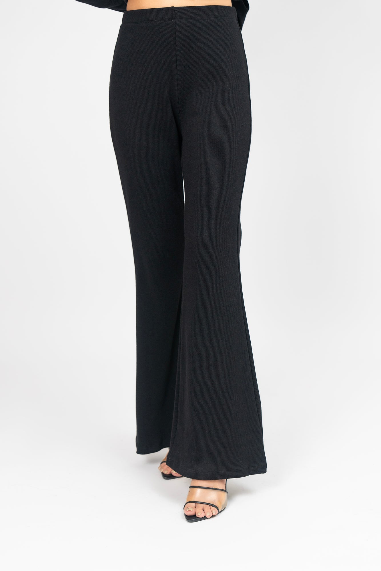 Wide Leg Knit Flared Pant - Black