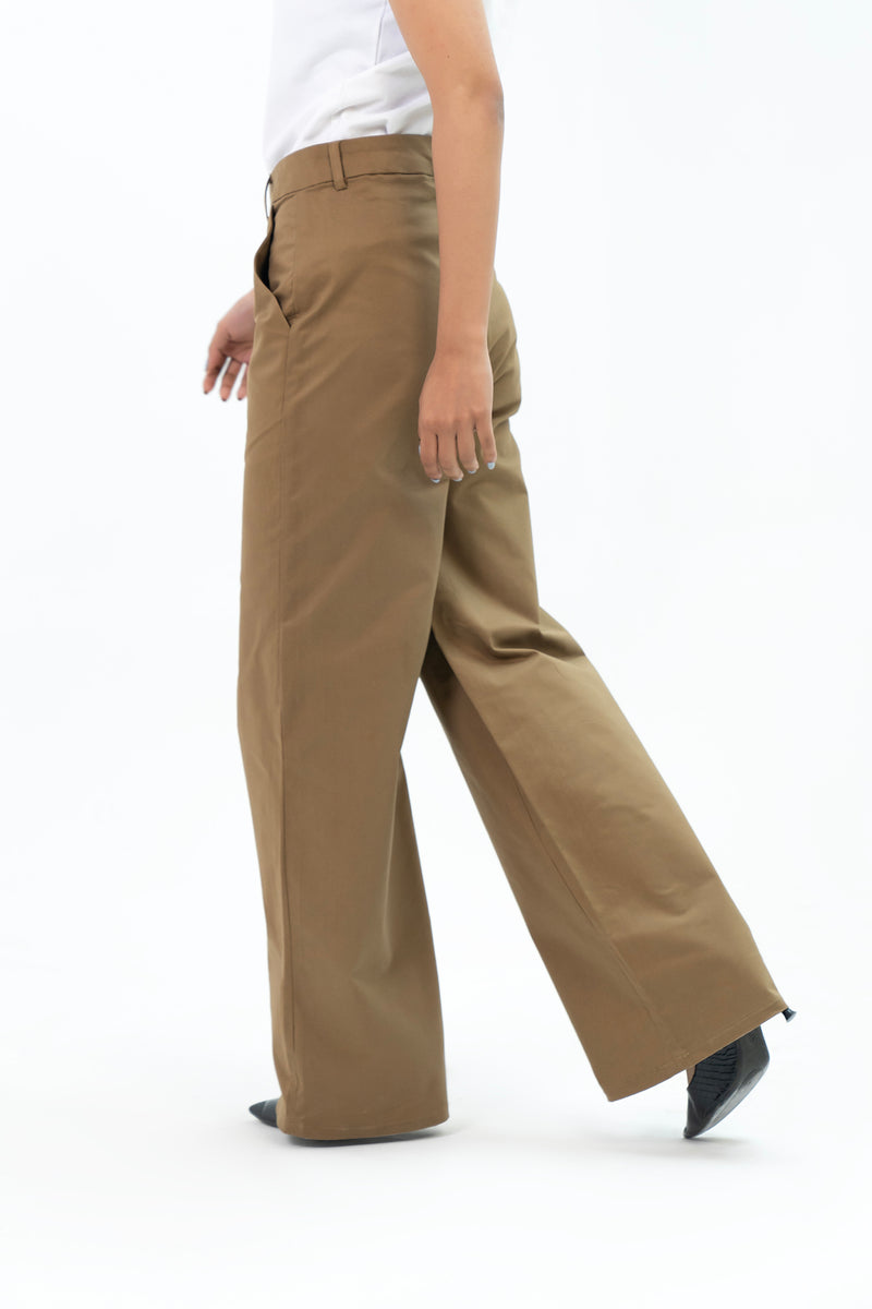 High Rise Wide Leg Pant with Pocket - Brown