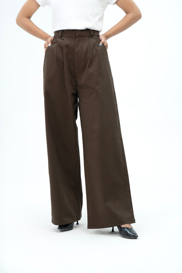 Wide Leg Pleated Pant - Chocolate Brown