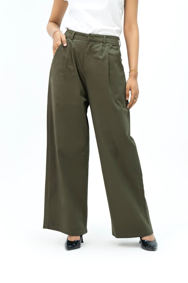 Wide Leg Pleated Pant - Green