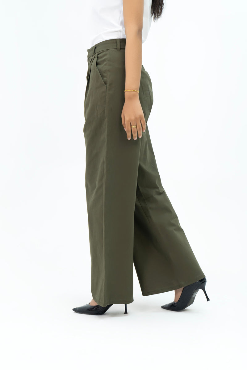 Wide Leg Pleated Pant - Green