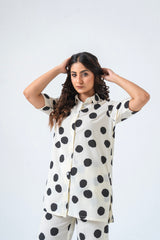 Short Sleeve Long Shirt - White Black Polka Dota