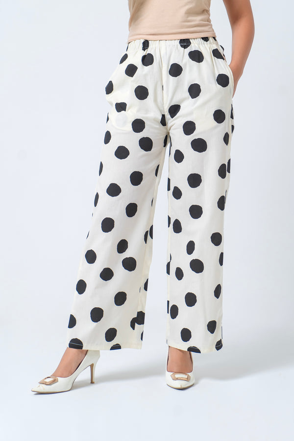 Wide Leg Elasticated Pant - White Black Polka Dots