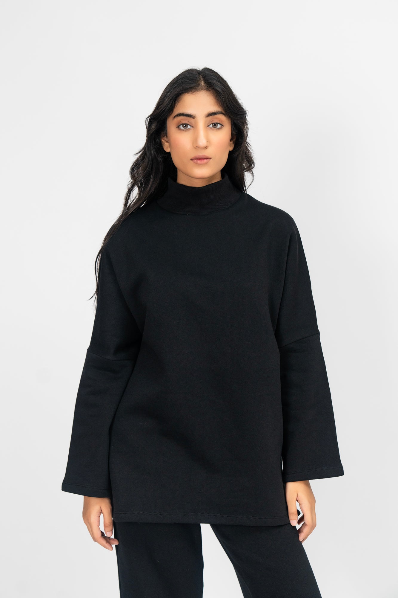 High Neck Fleece Top - Black