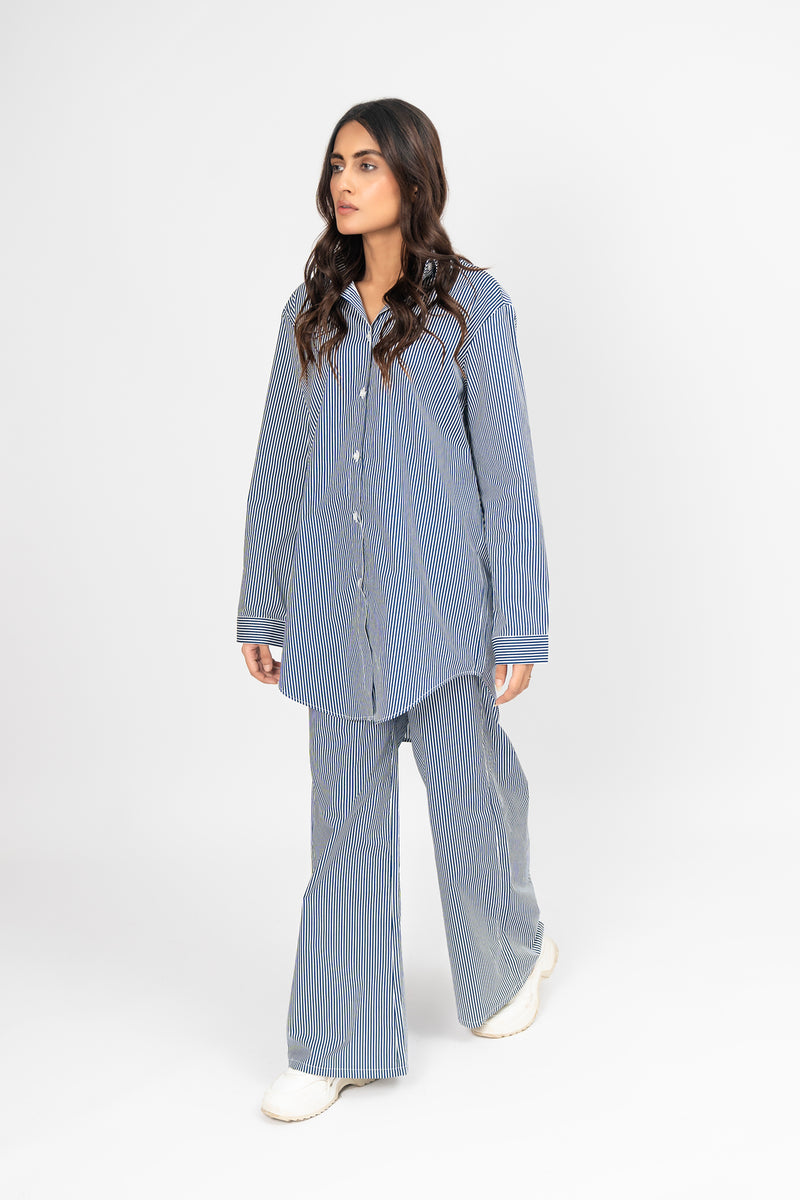 Oversized Flowy Shirt - Navy Blue White Striped
