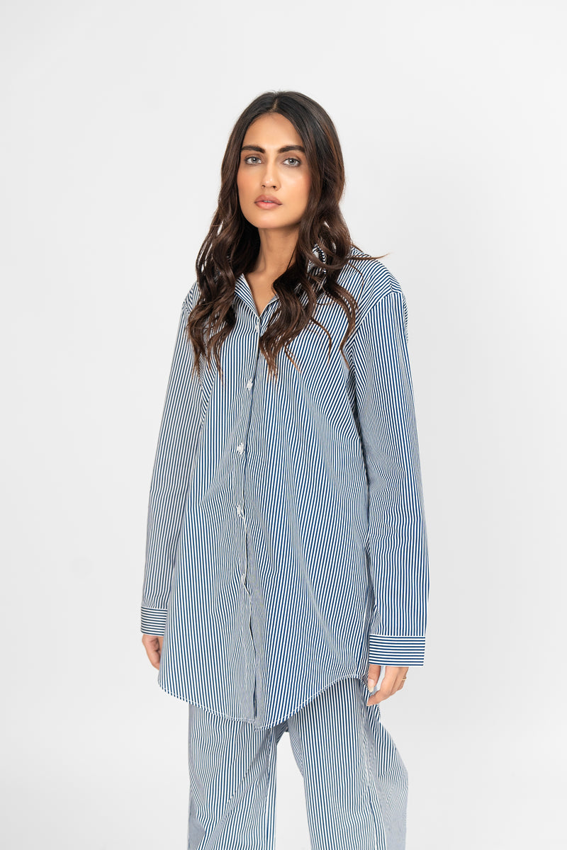 Oversized Flowy Shirt - Navy Blue White Striped
