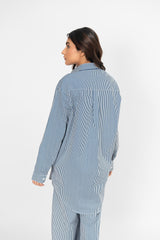 Oversized Flowy Shirt - Navy Blue White Striped