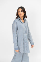 Oversized Flowy Shirt - Navy Blue White Striped