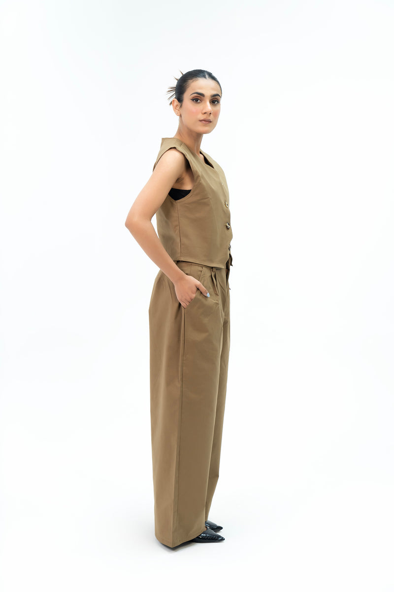 Wide Leg Pleated Pant - Brown
