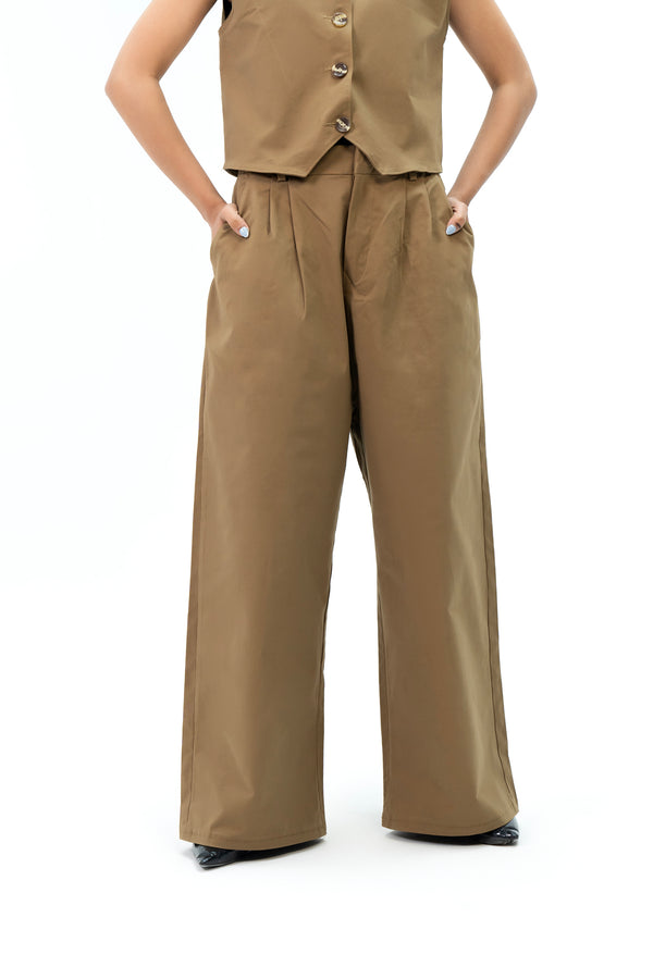 Wide Leg Pleated Pant - Brown