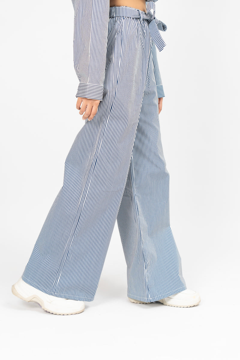 Belted Culotte Pant - Navy Blue White Striped