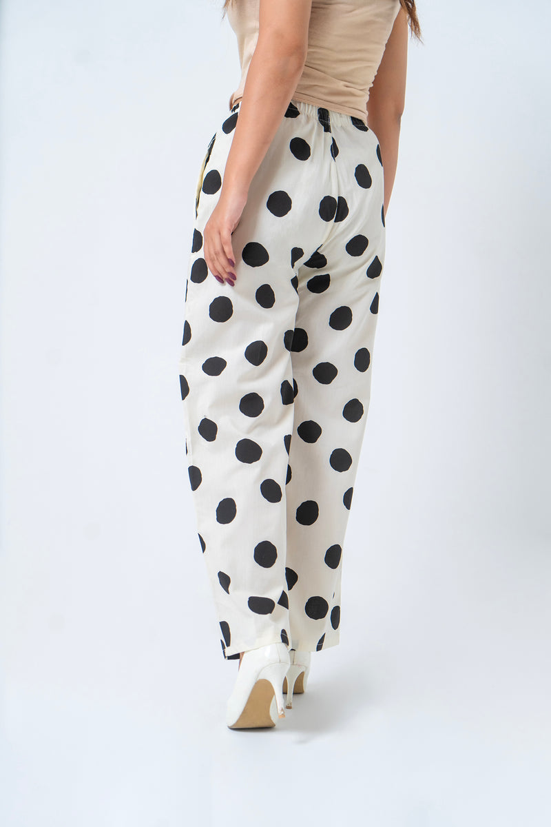 Wide Leg Elasticated Pant - White Black Polka Dots