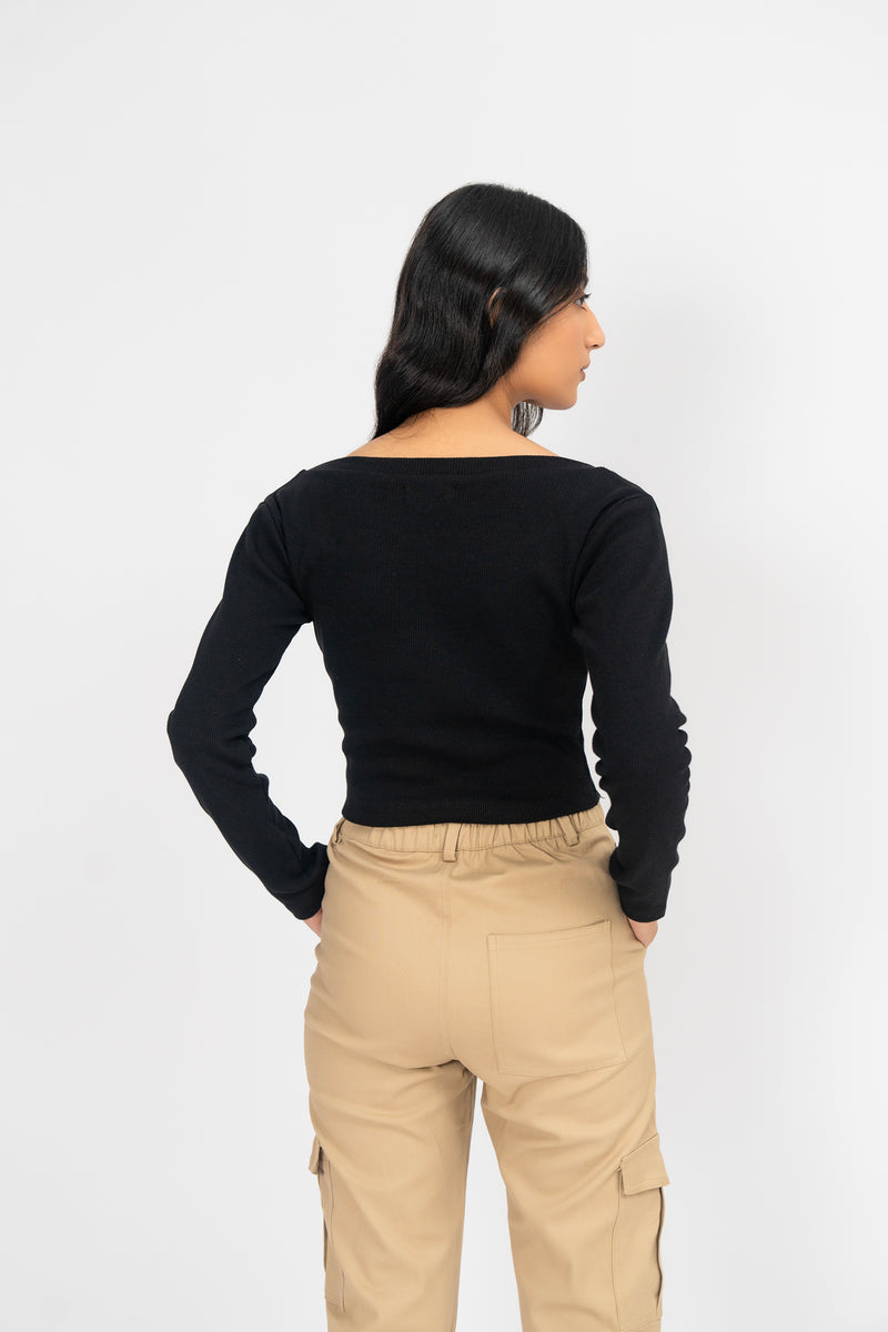 Square Neck Cropped Top - Black