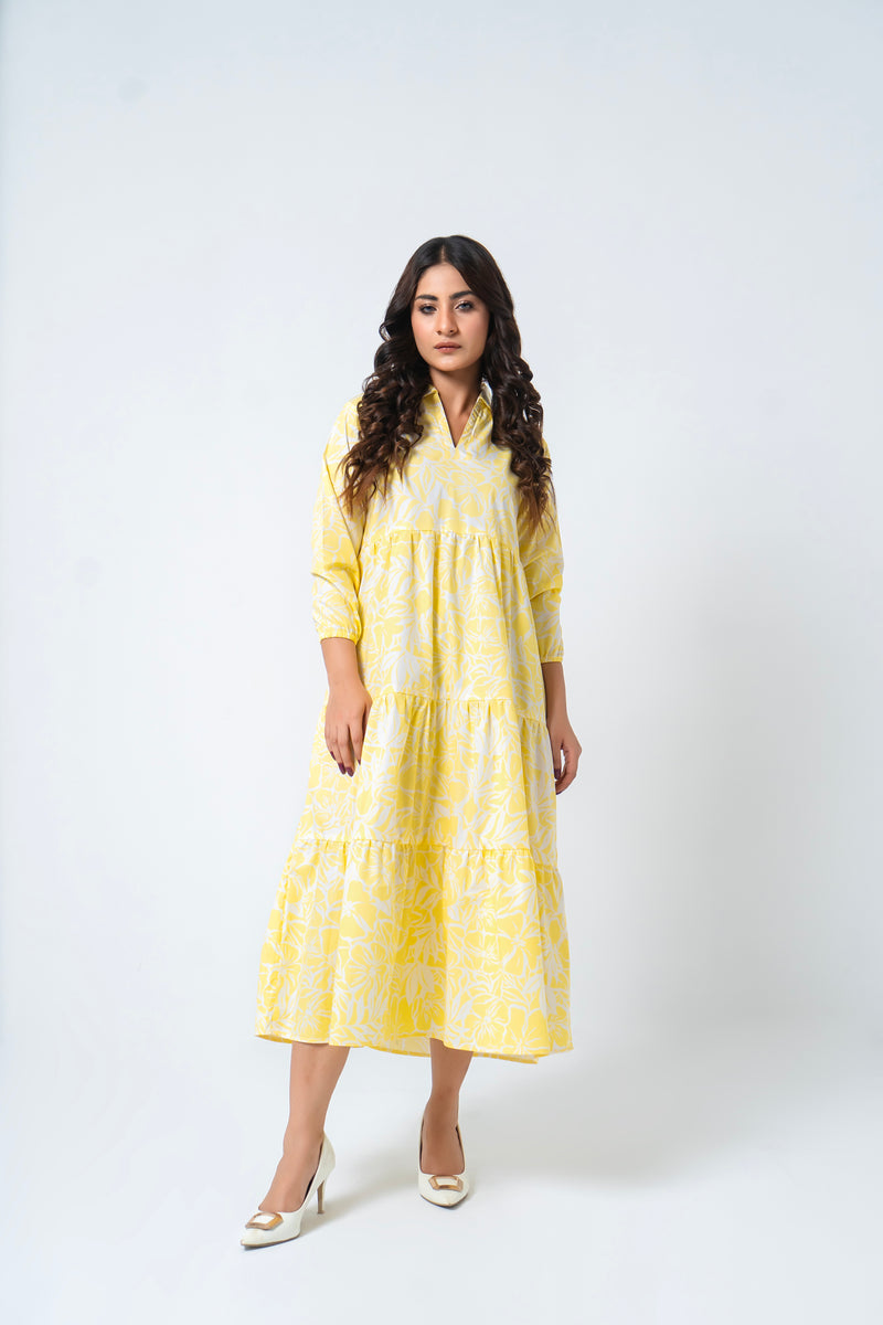 V Neck Collared Dress - Yellow White Floral