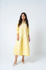 V Neck Collared Dress - Yellow White Floral