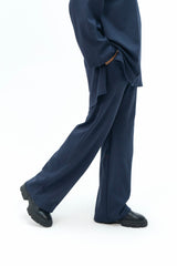 Rib Knit Wide Leg Pant with Pocket - Navy Blue