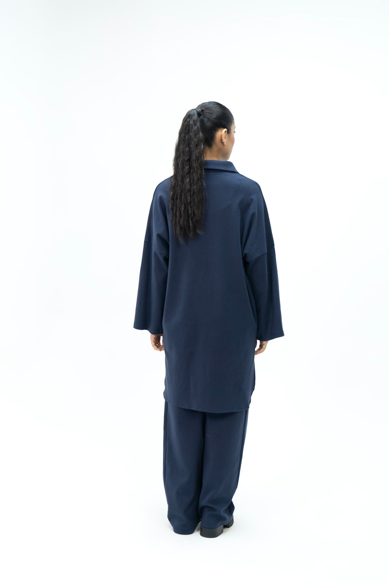 High Low Collared Tunic - Navy Blue