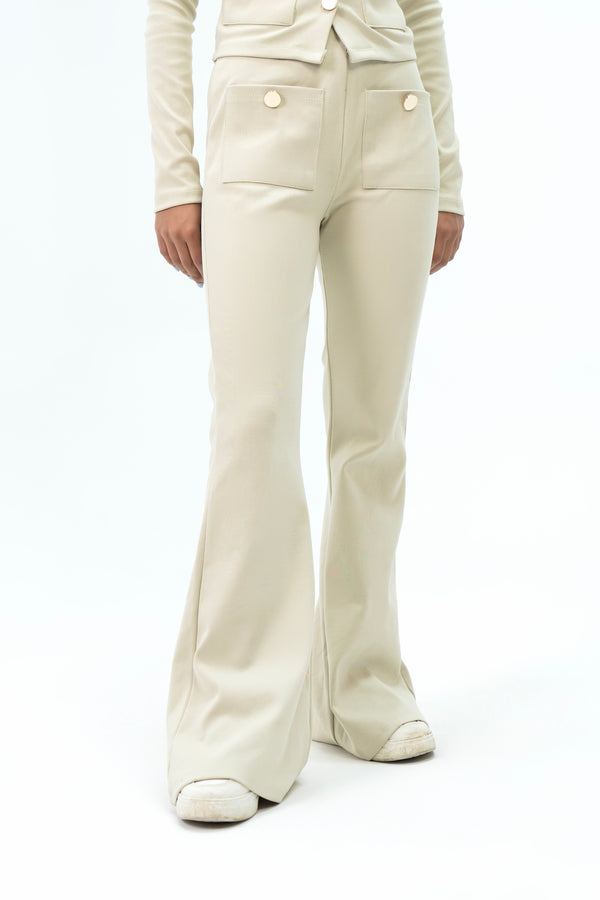 Front Pocket Flared Pant with Golden Button - Cream