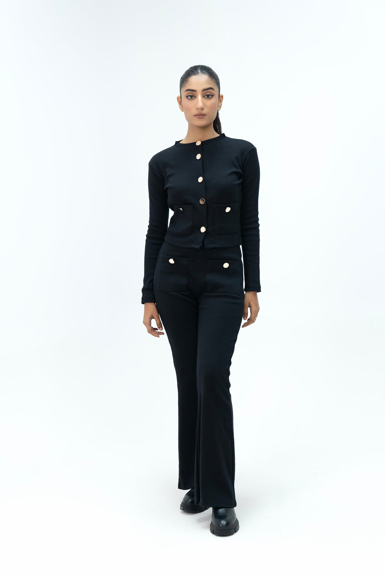 Front Pocket Flared Pant with Golden Button - Black