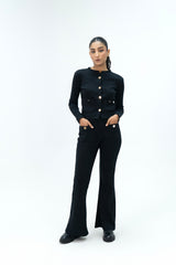 Front Pocket Knit Top with Golden Button - Black