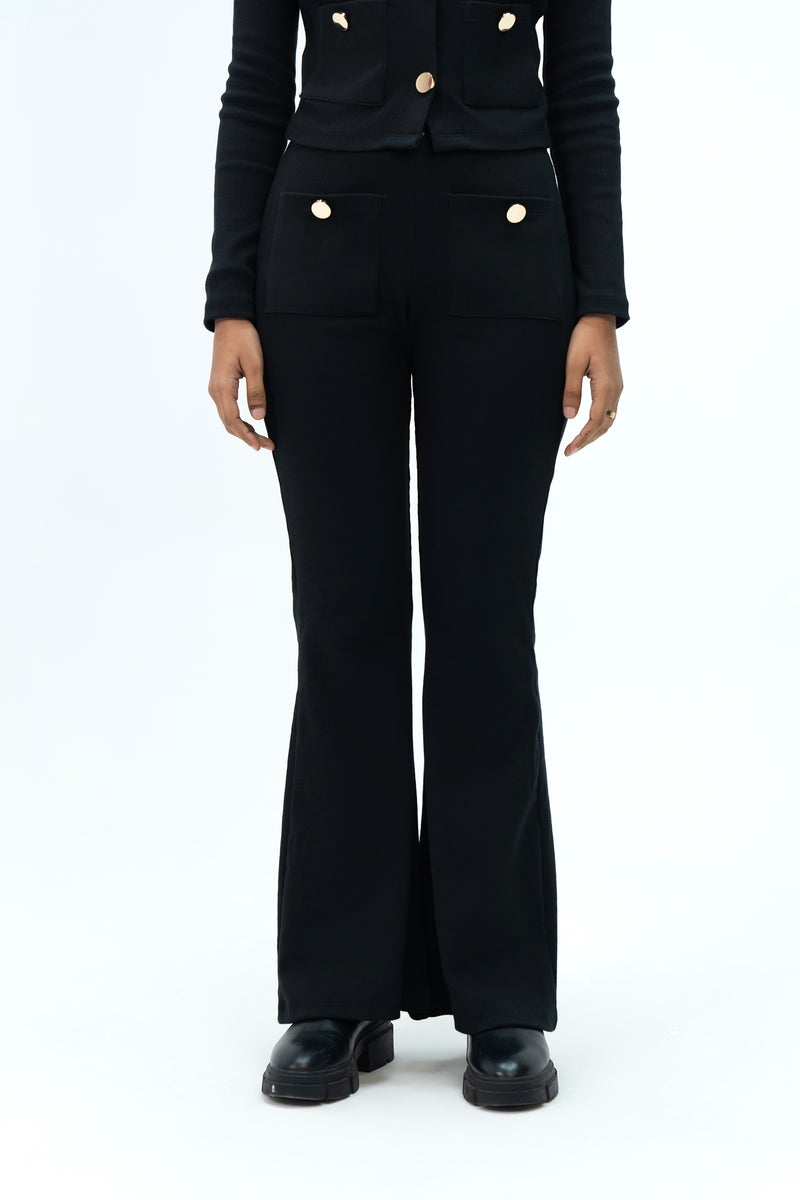 Front Pocket Flared Pant with Golden Button - Black