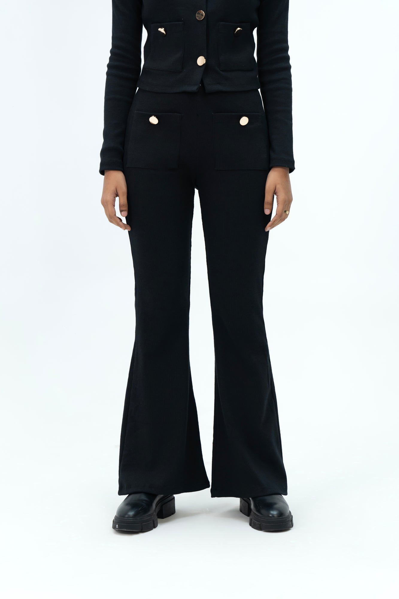 Front Pocket Flared Pant with Golden Button - Black