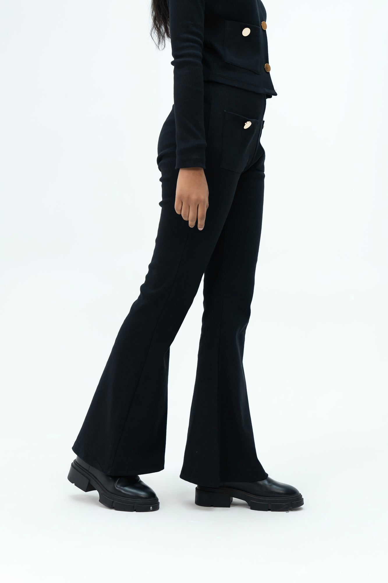 Front Pocket Flared Pant with Golden Button - Black