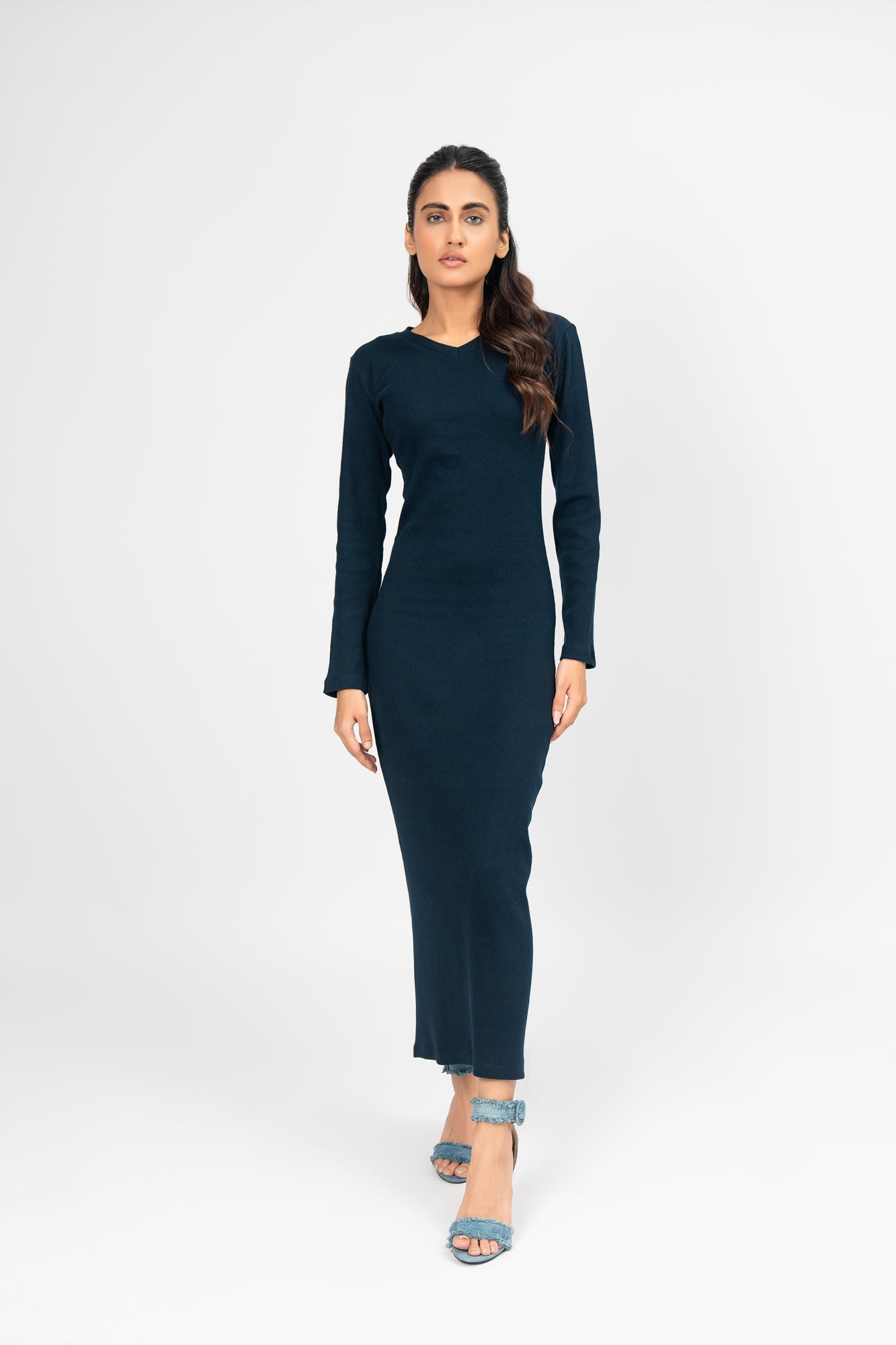 V Neck Bodycon Dress - Navy Blue