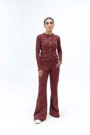 Front Pocket Knit Top with Golden Button - Maroon