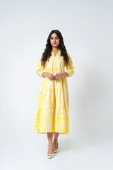 V Neck Collared Dress - Yellow White Floral