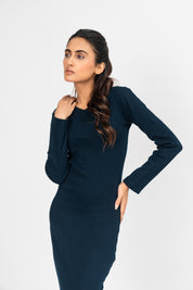 V Neck Bodycon Dress - Navy Blue