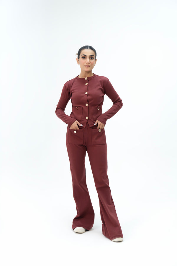 Front Pocket Knit Top with Golden Button - Maroon