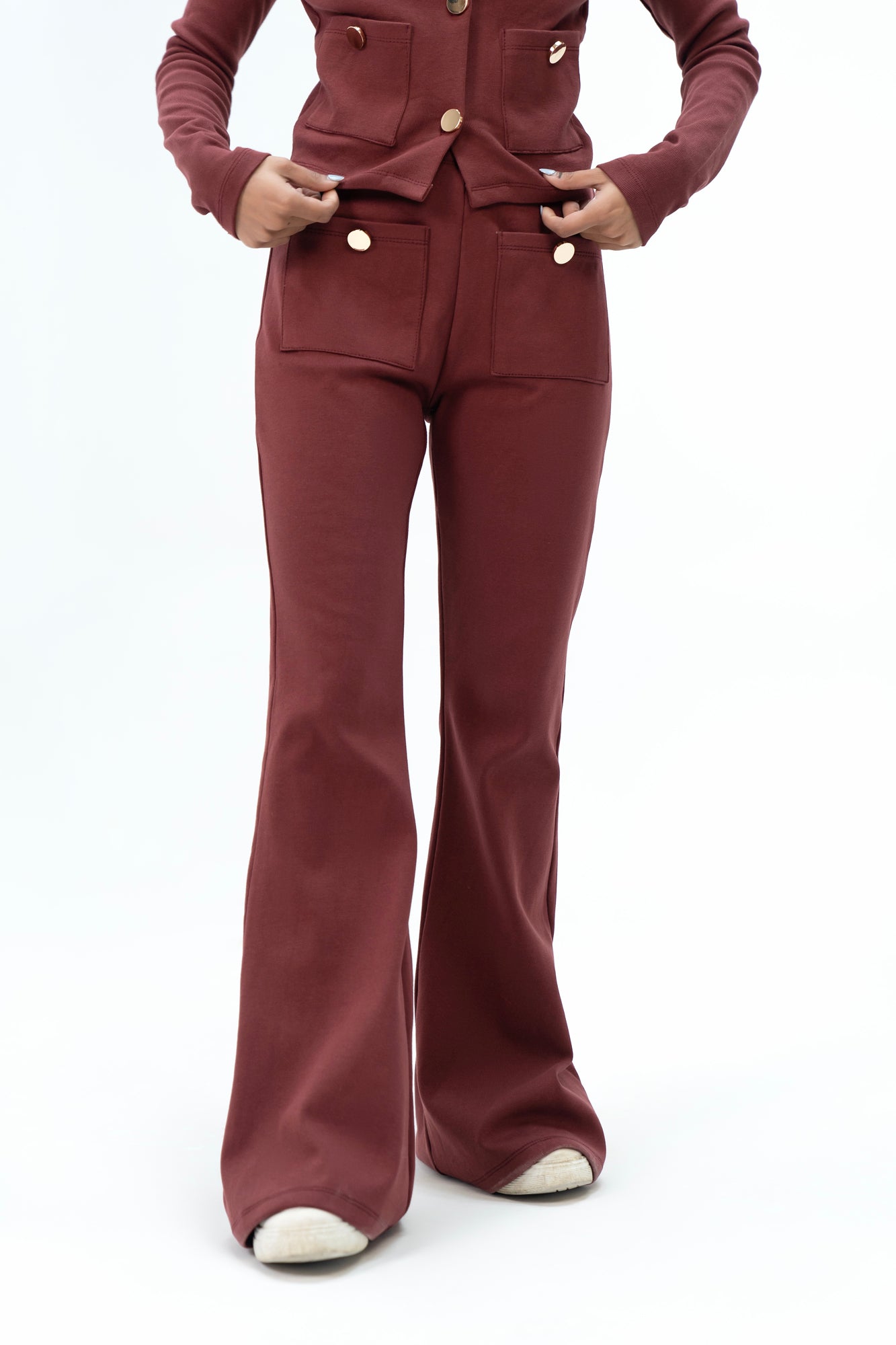 Front Pocket Flared Pant with Golden Button - Maroon