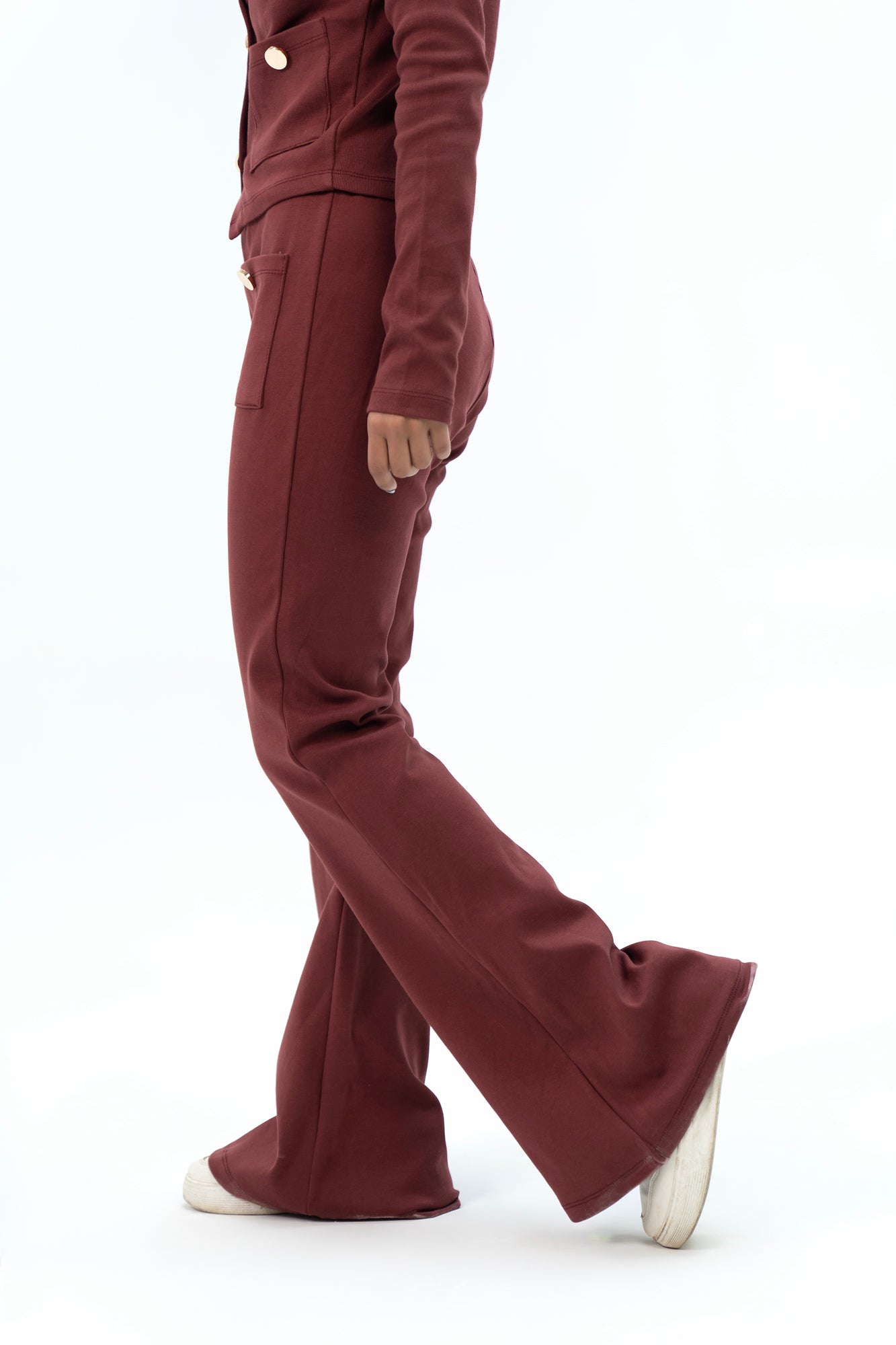 Front Pocket Flared Pant with Golden Button - Maroon