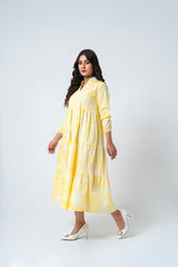 V Neck Collared Dress - Yellow White Floral